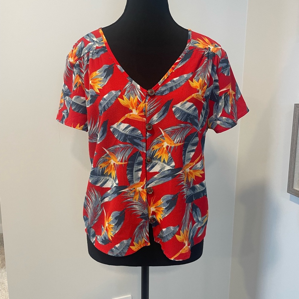 Pink Rose Hawaiian Tropical Print Button Front Blouse EUC